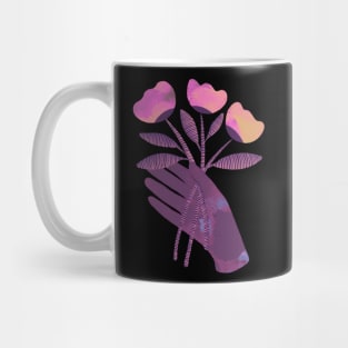 Purple hand with pink and yellow flowers for you on black Mug